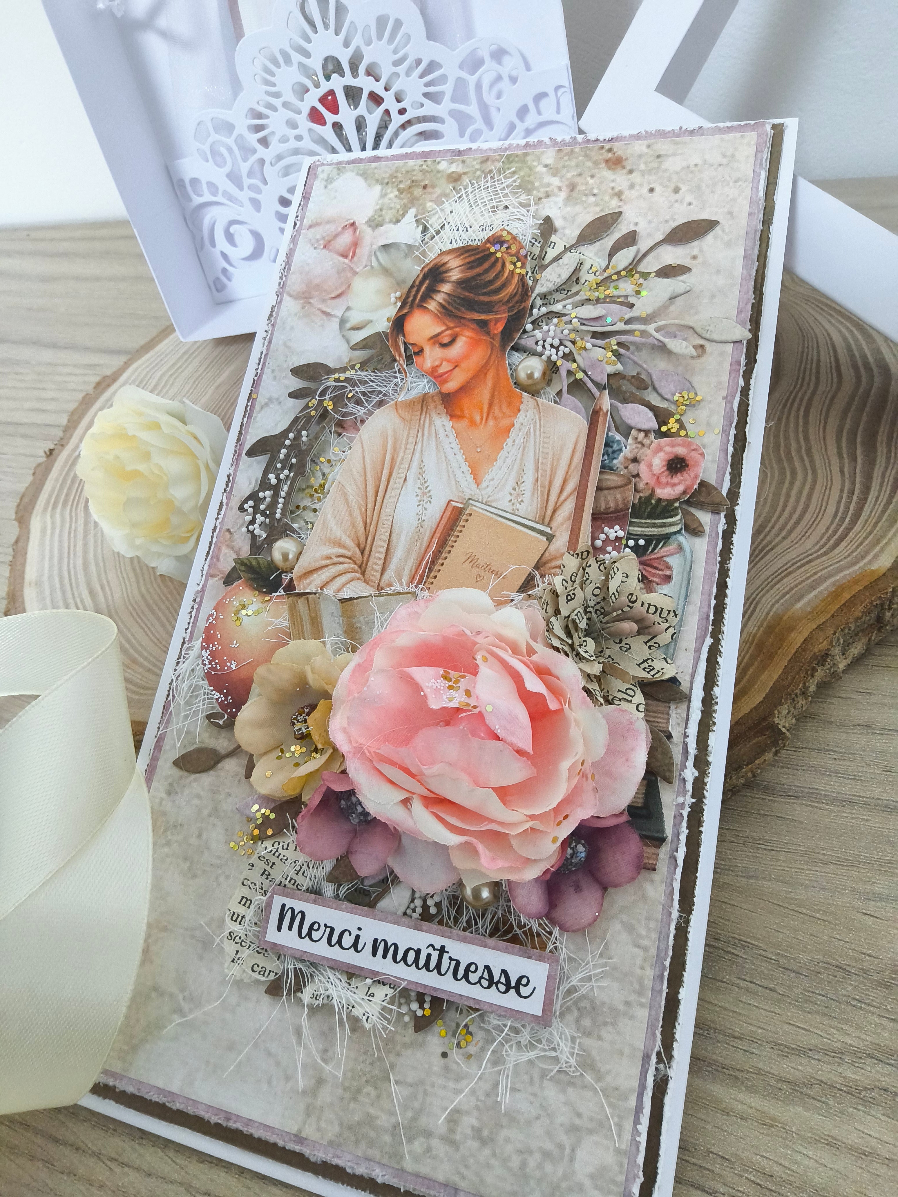 Coffret Carte Cadeau + Porte-Clés Maîtresse — Illustration Vintage Fleurie