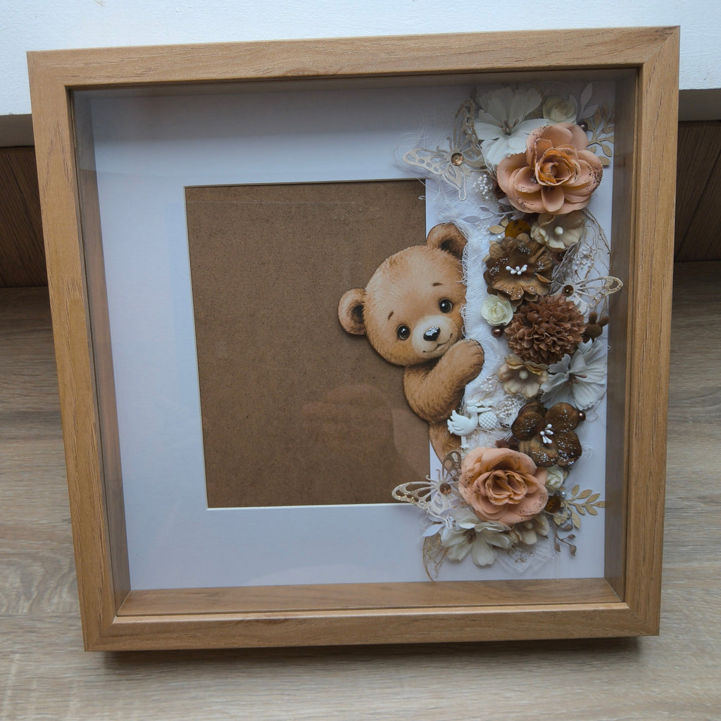 Cadre naissance Ourson Fleuri — Tons Caramel & Blanc