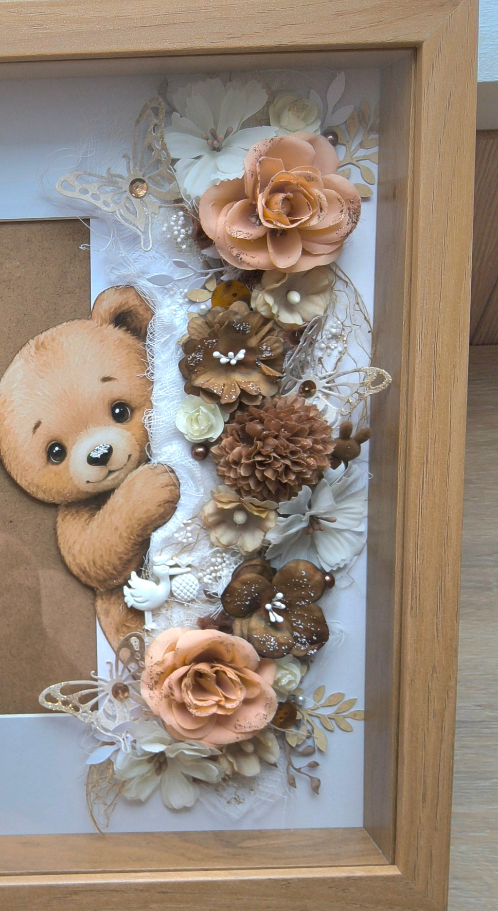 Cadre naissance Ourson Fleuri — Tons Caramel & Blanc