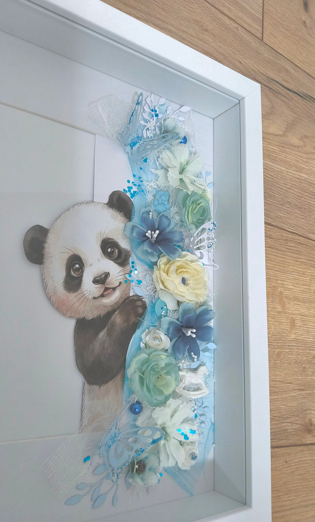 Cadre naissance Panda Fleuri — Tons Bleus