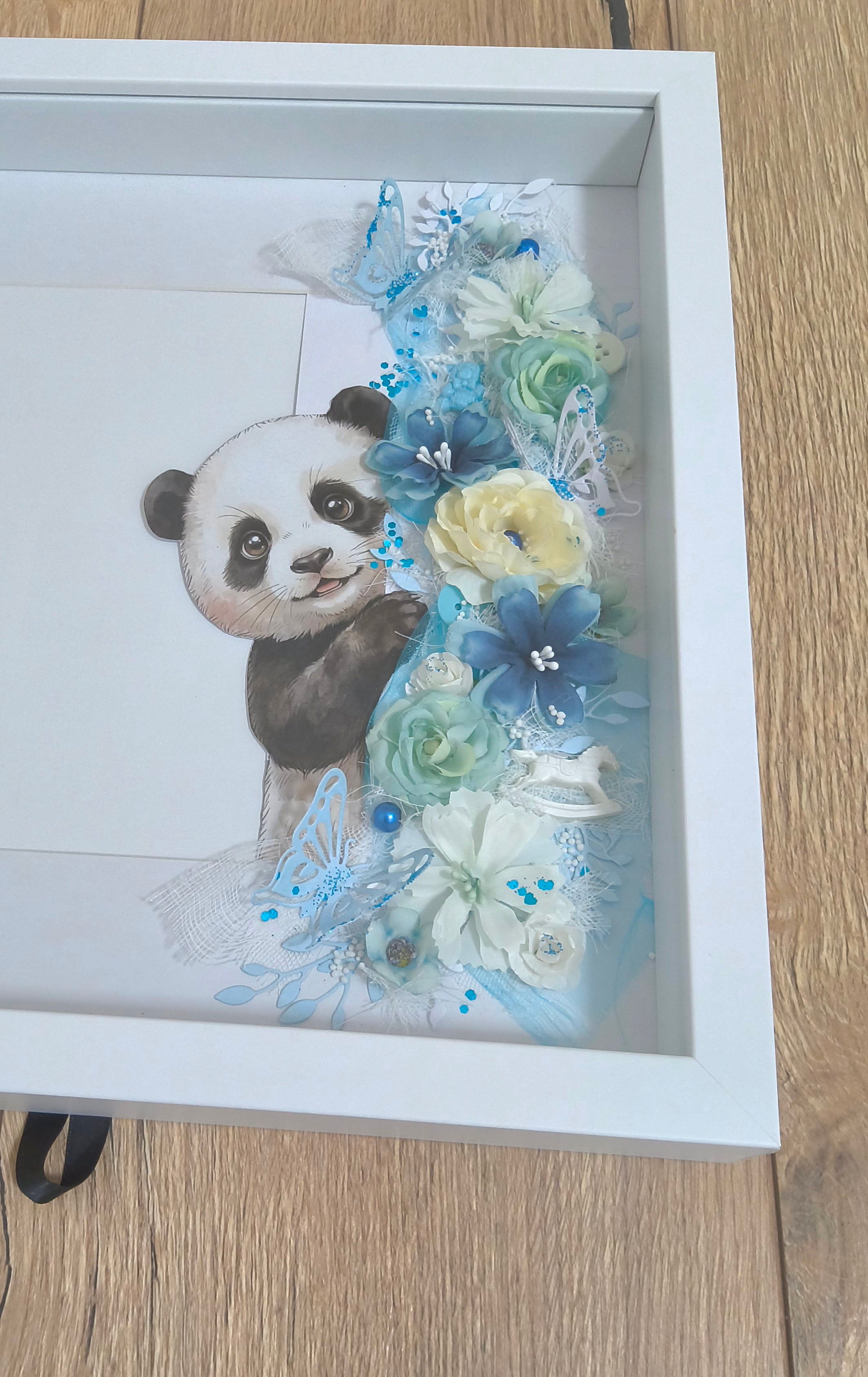 Cadre naissance Panda Fleuri — Tons Bleus