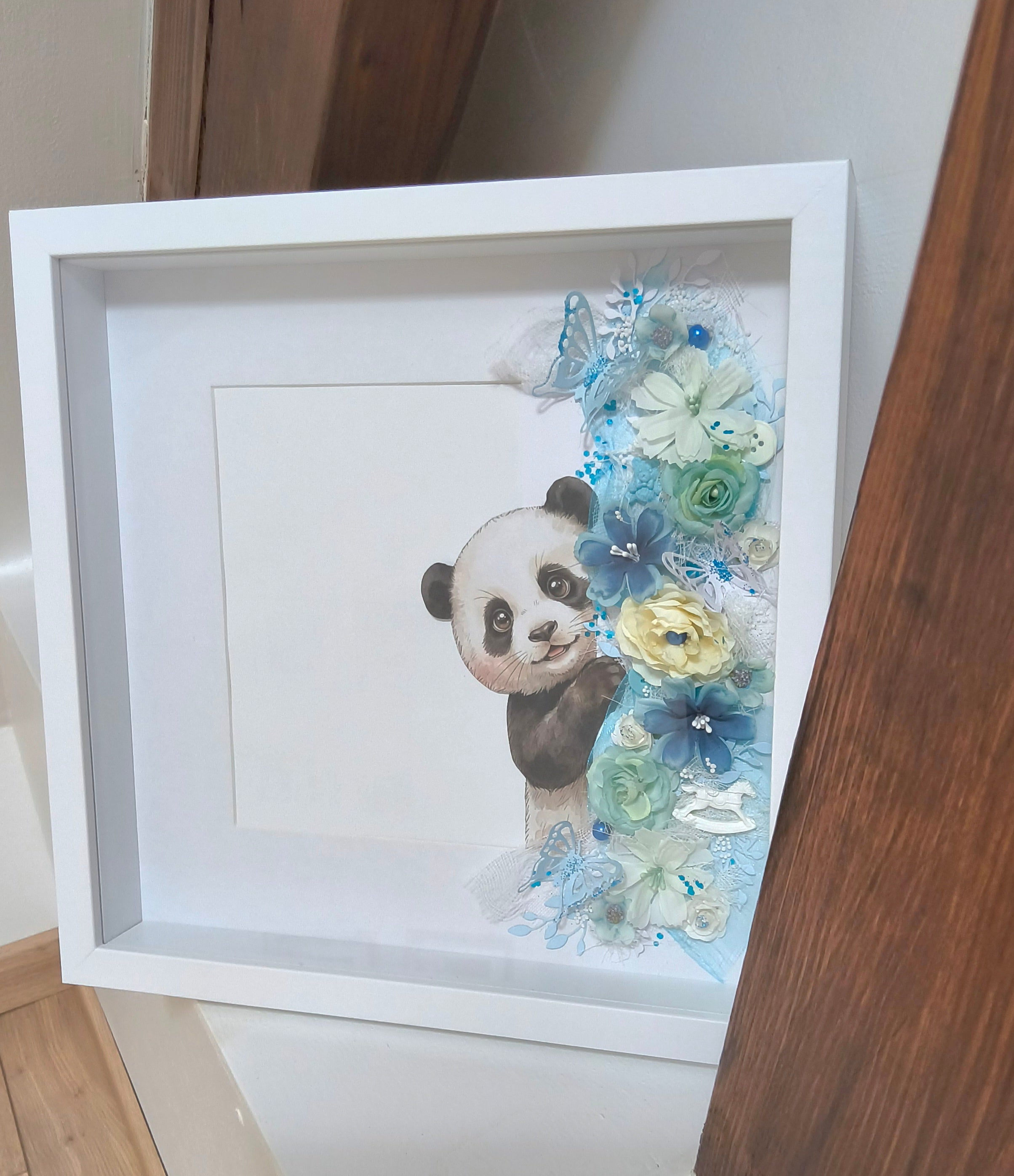Cadre naissance Panda Fleuri — Tons Bleus