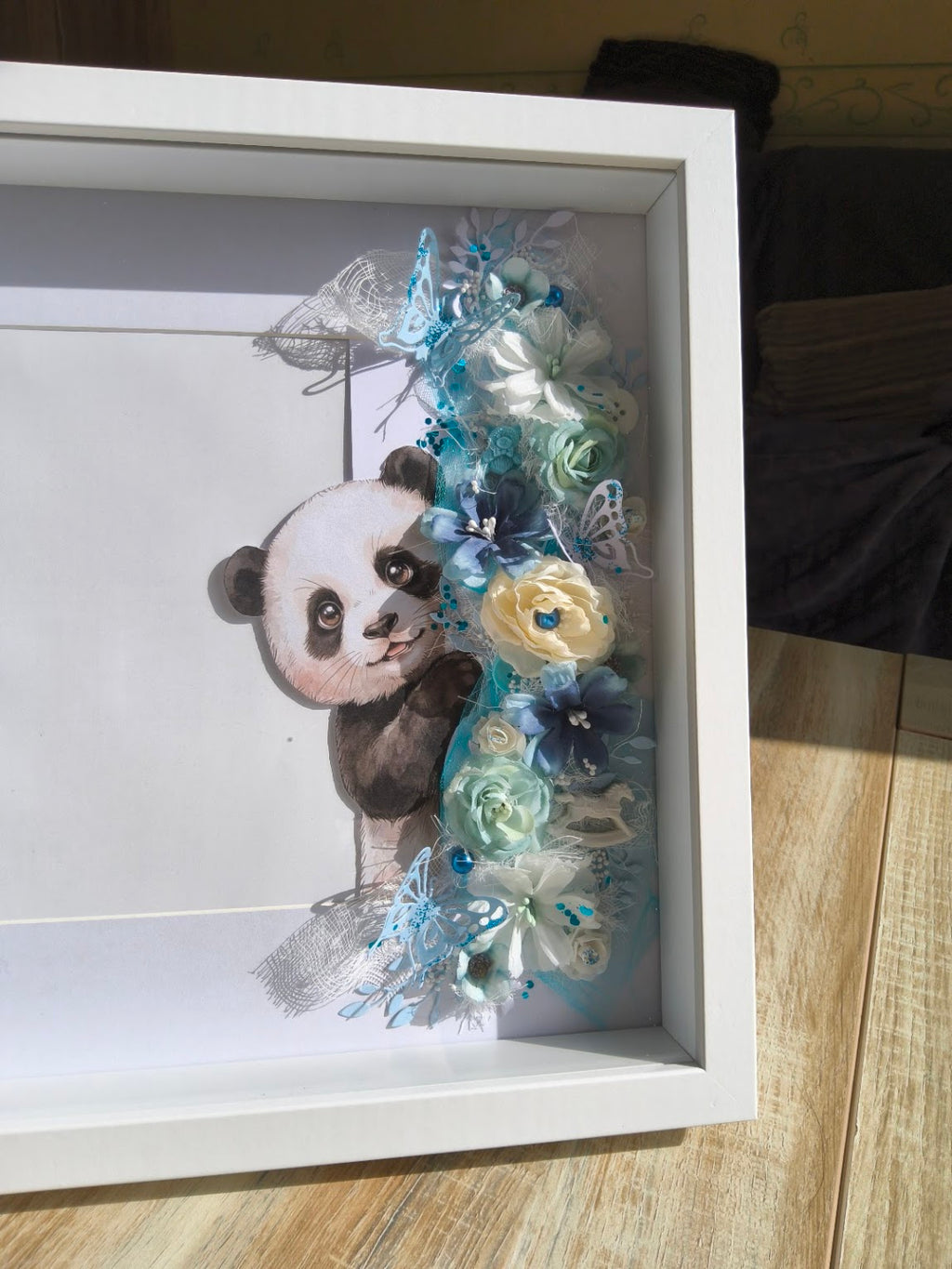 Cadre naissance Panda Fleuri — Tons Bleus